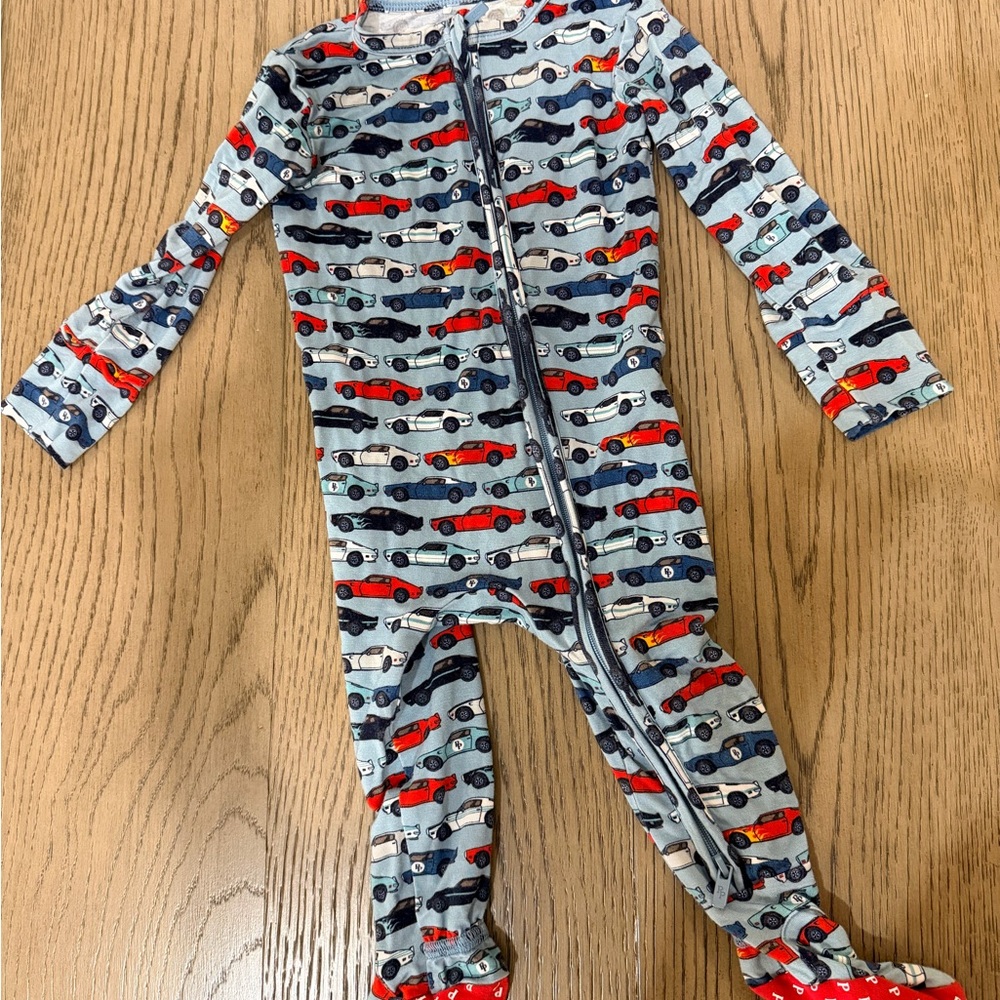 Posh Peanut Car Print Footie Pajamas - Blue and Red